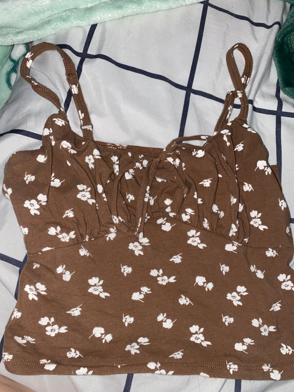 Hollister Brown Floral Ruched Cami with White Print